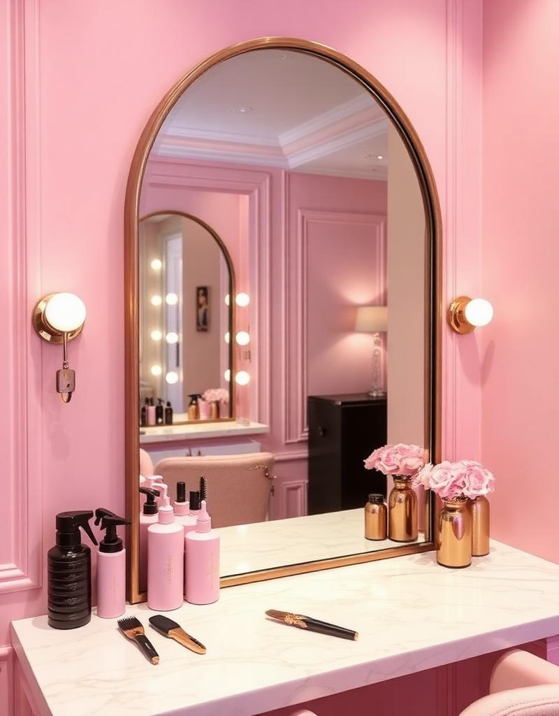 Marble vanity station with gold accents